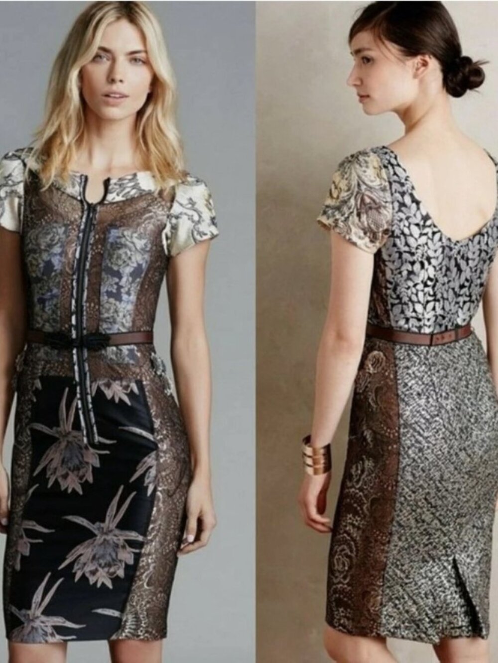 Bequile Byron Lars Noemi Dress Size 2 Pieced Brocade Floral Embroidered Belted